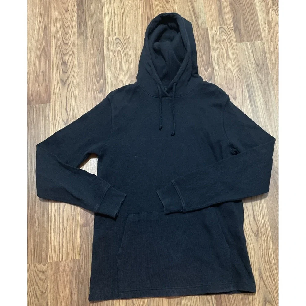 The North Face Hoodie Mens Medium Waffle Knit Thermal Pullover Logo Black